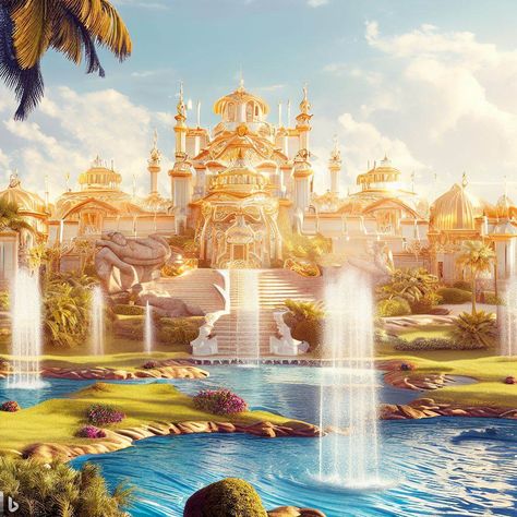 Golden Palace Fantasy Art, Sun Kingdom Aesthetic, Heaven Kingdom, Sun Castle, Sun Kingdom, Janaki Mandir, Golden Kingdom, Sun Palace, Raj Mahal