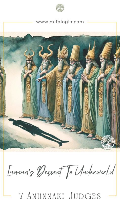 Step into the realm of Sumerian mythology. Visit our website and learn about Inanna's descent into the Sumerian underworld. Travel with Inanna through the seven gates of hell as she seeks the powers of the underworld. Meet Ereshkigal, the queen of the dead, as she prepares to face her sister Inanna. Discover the Anunnaki Judges of the underworld..   #AnunnakiJudges #JudgmentOfInanna #SumerianMythology #InannaDescent #Ereshkigal #UnderworldJourney #AncientMyths #MysticalTales #ExploreMythology Inanna Goddess, Sumerian Mythology, Underworld Goddess, Western Esotericism, World Mythology, Gates Of Hell, Ancient Mesopotamia, Queen Of Heaven, Ancient Myths