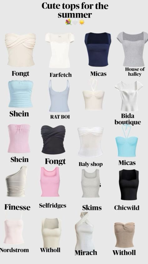 Clothes And Where They Are From, Where To Buy Shirts, Types Of Tops For Women, Tops Collage, Top Types, Aesthetic Summer Shirts, Tops And Where They Are From, Where To Get Cute Tops, Must Have Tops