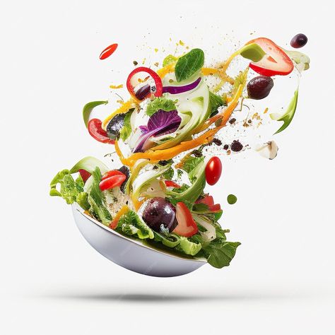 Premium AI Image | big salad jumping vegetable on a white background food Food White Background, Culinary Photography, Floating Bowls, Food Photography Background, Background Food, Canvas Learning, White Food, Big Salad, Food Poster Design