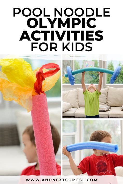 Looking for activities to celebrate the Olympics with your kids? Then you'll want to grab some pool noodles and give these fun Olympic activities a try. They're great for toddlers, preschool, and up! #olympics #kidsactivities #poolnoodles Diy Olympic Torch, Olympic Activities For Kids, Olympic Torch Craft, Summer Olympics Crafts, Summer Olympics Activities, Vbs Olympics, Winter Olympics Activities, Olympic Activities, Preschool Olympics