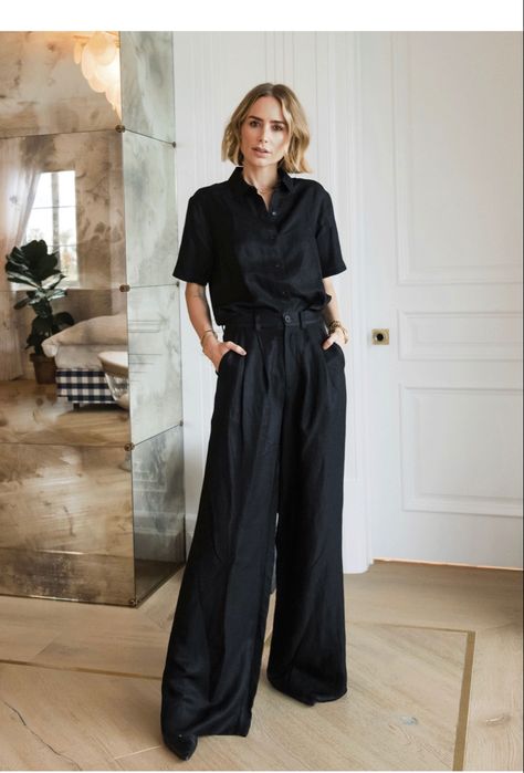 Black Culottes Outfit Casual, Chic Luxury Black Wide Leg Pants, Chic Black Tailored Wide Leg Pants, Chic Black Work Trousers, Chic Black Wide-leg Suit, Black Capsule Wardrobe, Black Viscose Trousers, Parisienne Style, Ny Outfits