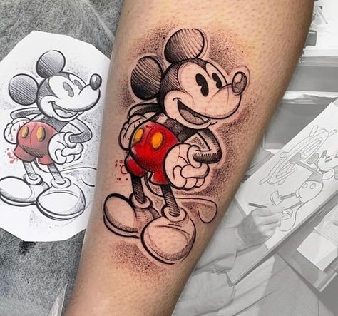 Calf Sleeve Tattoo, Mickey Mouse Tattoo, Mickey Tattoo, Illustration Tattoo, Tattoo Artwork, Toe Tattoos, Stitch Tattoo, Mouse Tattoos, Disney Sleeve