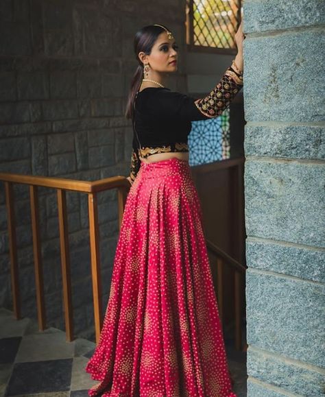 Beautiful Silk Lehenga with black velvet blouse. Embellished with hand embroidery work. Black Velvet Blouse Designs For Lehenga, Navy Blue Velvet Blouse, Hot Pink Skirt Outfit, Black Velvet Blouse Design, Dark Pink Blouse, Velvet Blouse Design, Long Skirt Top Designs, Velvet Outfits, Pink Skirt Outfits