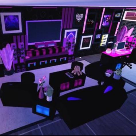 Emo Bedroom Bloxburg, Bloxburg Emo Room, Grunge Bloxburg House, Bloxburg Gaming Room Ideas, Bloxburg Gaming Room, Room Ideas Goth, Bedroom Ideas Gaming, Roblox Bedroom, Emo Room Ideas