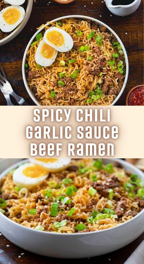 Spicy Chili Garlic Sauce Beef Ramen - TASTYDONE Spicy Beef Ramen, Healthy Ramen Noodle Recipes, Beef Ramen Noodle Recipes, Recipes With Chili Garlic Sauce, Healthy Noodle Recipes, Spicy Ramen Noodles, Beef Ramen, Soft Boiled Egg, Chili Sauce Recipe