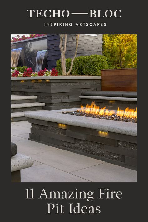 Outdoor Stone Fire Pit Ideas, Backyard Fire Features, Backyard Gas Fire Pit Ideas, Modern Firepits Backyard Ideas, Modern Firepits Backyard, Rectangle Fire Pit Ideas, Courtyard Fire Pit, Stone Fire Pit Ideas, Modern Outdoor Fire Pit