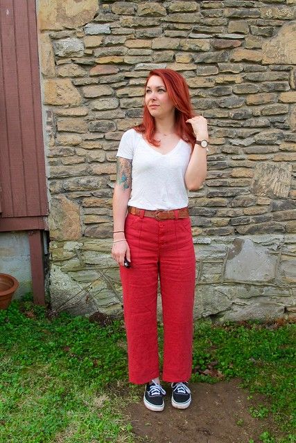 Completed: Red Linen Lander Pants | LLADYBIRD Lander Pants, Cold Weather Clothes, Red Linen Pants, Weather Clothes, Flat Photo, Given Up, Worth The Wait, Cold Weather Outfits, New Pant