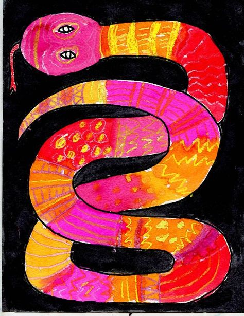 *FR*Snake Paintings for Kids Watercolor Resist, Snake Painting, Pattern Snake, First Grade Art, Animal Art Projects, 2nd Grade Art, 4th Grade Art, Art Projects For Kids, 3rd Grade Art