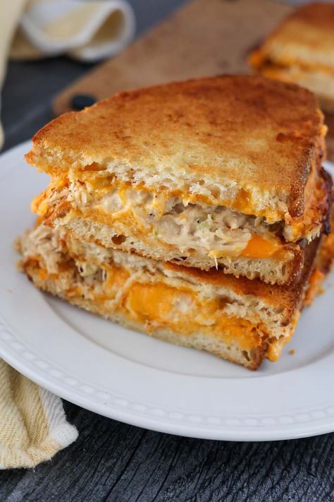 Air Fryer Tuna Melt - Cooked by Julie Airfryer Tuna Melt, Fried Tuna Sandwich, Tuna Melt Sandwich Air Fryer, Air Fry Tuna Melt, Yummy Tuna Recipes, Air Fryer Tuna Melt Recipe, Tuna Melt In Air Fryer, Sourdough Tuna Melt, Tuna Melts In Air Fryer