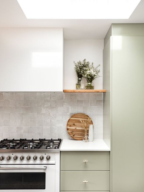 Detail shot of our Central Coast Cottage reno. Sage green cabinets, Zellige tiles and timber open shelves 💚 Tiles Of Ezra, Green Kitchens, Kitchen Splashback Tiles, Sage Green Kitchen, Zellige Tiles, Litter Box Furniture, Cottage Renovation, Kitchen Splashback, Zellige Tile