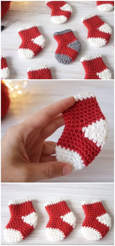 Crochet Mini Santa Socks - We Love Crochet Crochet Mini Socks Free Pattern, Crochet Mini Stocking Pattern Free, Crochet Christmas Socks, Christmas Granny Square, Santa Shoes, Santa Slippers, Granny Square Easy, Chair Socks, Crochet Christmas Stocking Pattern