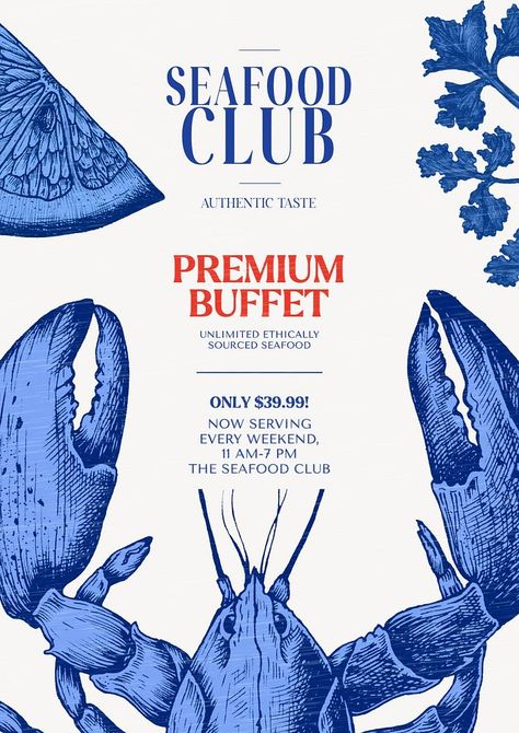 Seafood Design Graphics, Posters For Restaurant, Seafood Festival Poster, Fish Restaurant Menu Design, Seafood Menu Design Ideas, Seafood Graphic Design, Fish Restaurant Branding, Sea Food Menu Design, Restaurant Poster Design Ideas