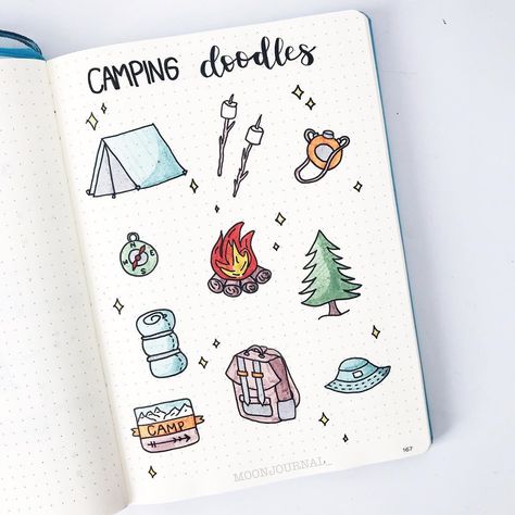 Camping doodles! 🏕 I hope this helps you and give you some ideas 🥰 im probably going to use this as my August theme ✨ As you can see, I… Camping Doodles, August Themes, Camping Journal, Summer Journal, Bujo Doodles, Creating A Bullet Journal, Doodle Inspiration, Bullet Journal Aesthetic, Dot Journals