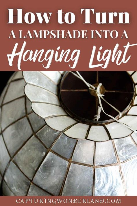 Hanging Lamp Shades Ideas, Lamp Shade Chandelier Diy, Diy Hanging Pendant Light Shade, Tiffany Lamp Shade Repurpose, Diy Lantern Pendant Light, Lampshade Pendant Light, Diy Lamp Pendant, Diy Ceiling Pendant Light, Diy Vintage Light Fixtures