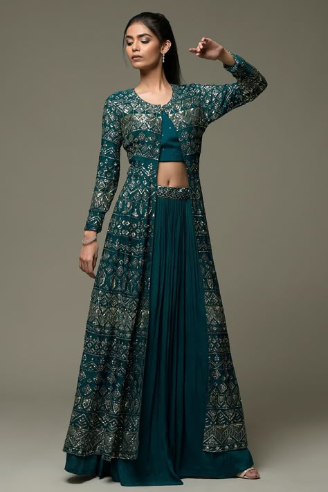 Buy Peacock Green Crepe Sequins Embroidered Jacket Lehenga Online | Samyakk Indo Western Outfits For Women, Jacket Lehenga, Long Jackets For Women, Function Dresses, Western Dresses For Women, Simple Lehenga, Trendy Outfits Indian, Lehenga Designs Simple, Simple Gowns