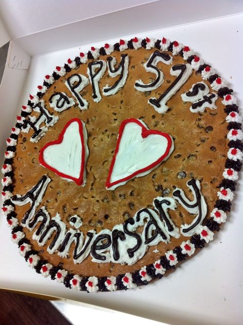 Chocolate Chip Cookie Cake - Happy 51st Anniversary Happy 51st Anniversary, 51st Wedding Anniversary, 51st Anniversary, Anniversary Cookies, Chocolate Chip Cookie Cake, Cookie Cakes, One Year Anniversary, Anniversary Cake, Chocolate Chip Cookie