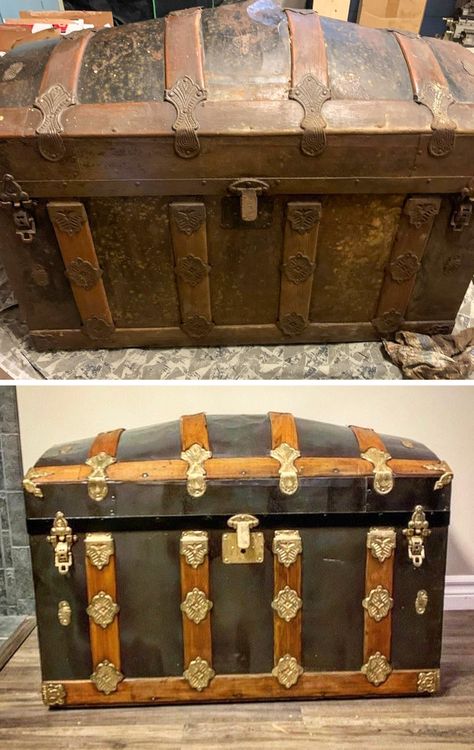 Steamer Trunk Makeover, Trunk Makeover, Trunk Ideas, Reclaimed Windows, Metal Trunks, Old Trunks, Garage Sale Finds, Antique Trunk, Trunks And Chests