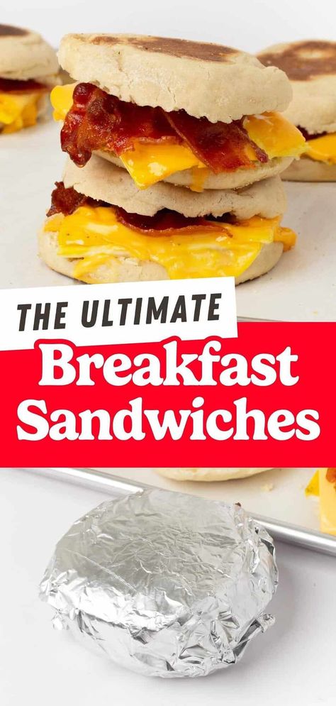 These easy freezer breakfast sandwiches are made with baked eggs, cheese and sausage on an English muffin. They're totally customizable and the perfect grab-and-go breakfast for busy weekday mornings! Easy Freezer Breakfast Sandwiches, Sausage Eggs And Cheese Muffins, Egg And Cheese English Muffin, Easy Freezer Breakfast, Sausage Egg Sandwich, English Muffins Sandwich, English Muffin Breakfast Sandwich, English Muffin Breakfast, Healthy Breakfast Sandwich