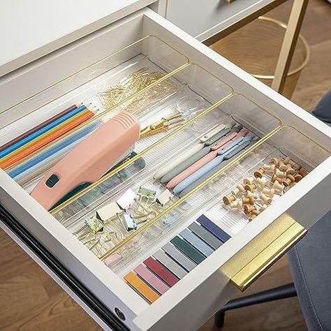 Martha Stewart Kerry Plastic Stackable Office Desk Drawer Organizers, 9" x 3", 8 Pack, with Gold Trim Stackable Organizers, Office Desk Drawer, Desk Drawer Organizers, Work Desk Organization, Work Office Decor, Organized Desk Drawers, Desk Drawer, Cubicle Decor, Plastic Bins