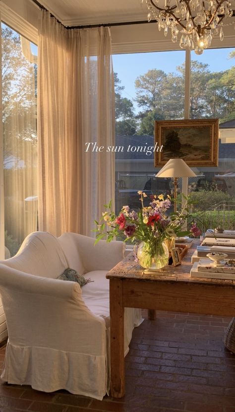 Little Women House Aesthetic, Nancy Meyers Aesthetic Small House, Cottage Sunroom, Carley Page, Slp Office, Adult Tree House, Sunroom Office, Seeking Lavender Lane, Small Sunroom