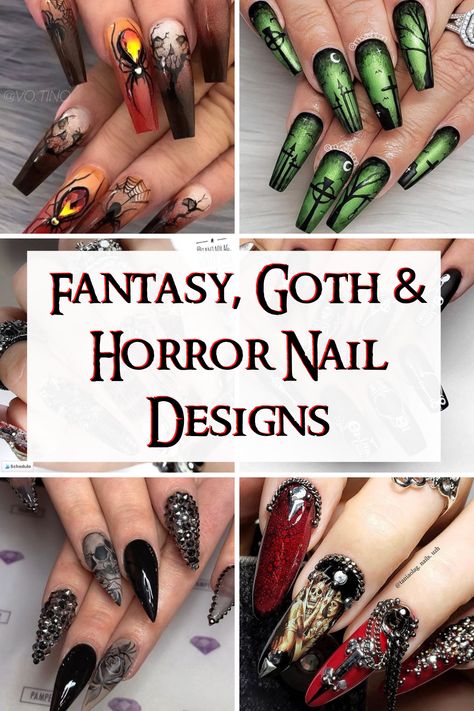 These gothic nail designs are done beautifully. Some are dark nail designs with a hint of horror, others are elegant with a touch of fantasy. Dark Gothic Nail Designs, Elegant Gothic Nails, Nail Designs Gothic, Gothic Gel Nails, Gothic Stilleto Nails Designs, Gothic Nail Designs Ideas, Goth Nail Art Designs, Dark Themed Nails, Halloween Wedding Nails For Bride