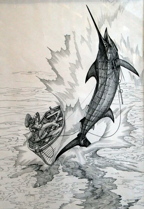 Swordfish Aesthetic, Jumbo Sketch, Marlin Tattoo, Western Painting Canvas, Boat Tattoo, Ocean Art Painting, Archangel Tattoo, Nautical Aesthetic, Boat Drawing