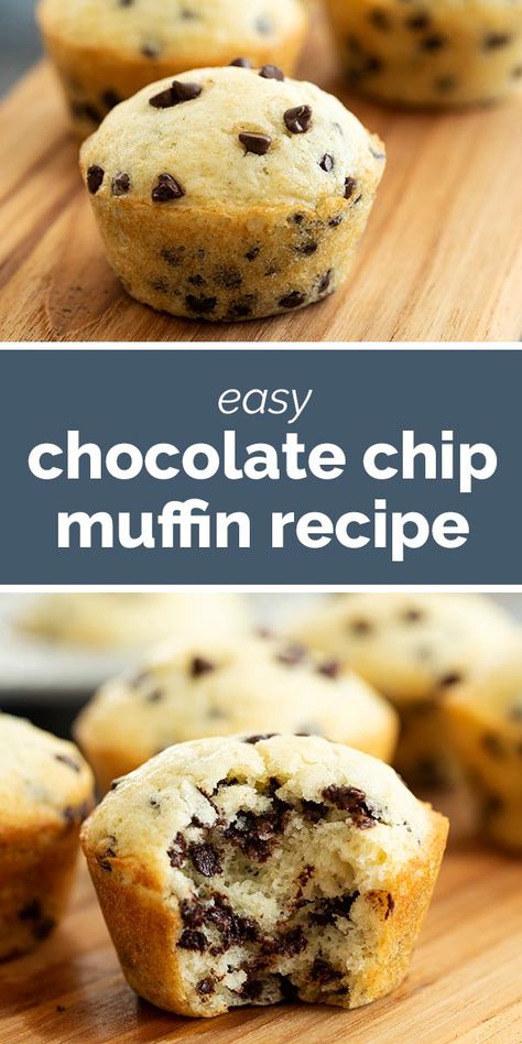 Start your morning off on a sweet note with this simple Chocolate Chip Muffin Recipe. These muffins take minutes to whip up the batter so you can have a sweet treat on the table in no time. #recipe #muffin #chocolate #baking #breakfast Tasty Recipes For Dessert, Easy Chocolate Chip Muffin Recipe, Easy Muffin Recipes, Basic Muffin, Best Chocolate Chip Muffins, Chocolate Chip Muffins Easy, Chocolate Chip Muffin, Baking Breakfast, Chocolate Chip Muffin Recipe