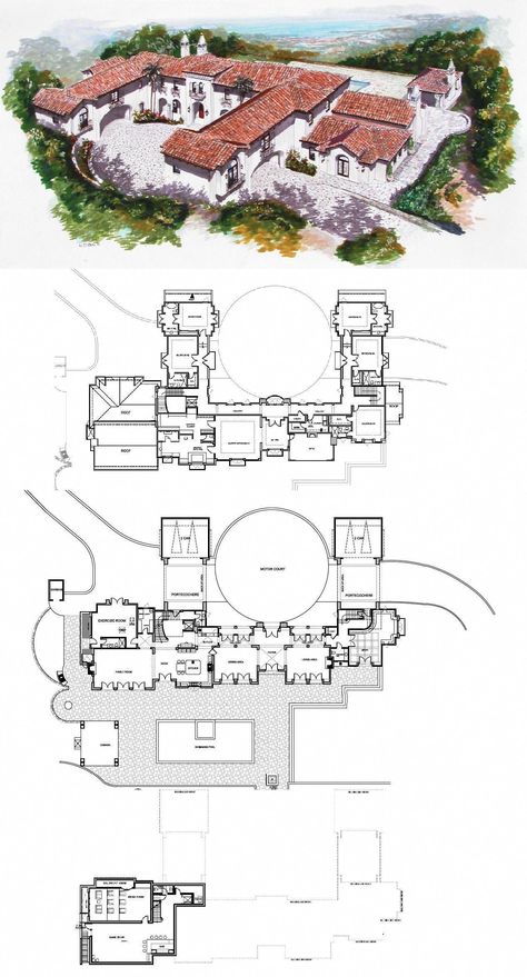 Hacienda House Plans, Spanish Style Homes Plans, Spanish Style House Plans, Mansion Plans, Hacienda Style Homes, Mansion Floor Plan, Courtyard House Plans, Casas Coloniales, Spanish Style Homes