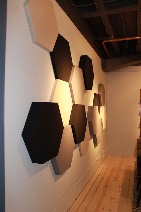 Buzzispace www.coussonsgroup.com Hexagon On Wall, Hexagon Acoustic Wall Panels, Hexagon Acoustic Panels Wall Design, Hexagon Sound Panels, Diy Acoustic Panels, Sound Proof Wall, Sound Proof Panels, Basement Wall Panels, Hexagon Wall Art