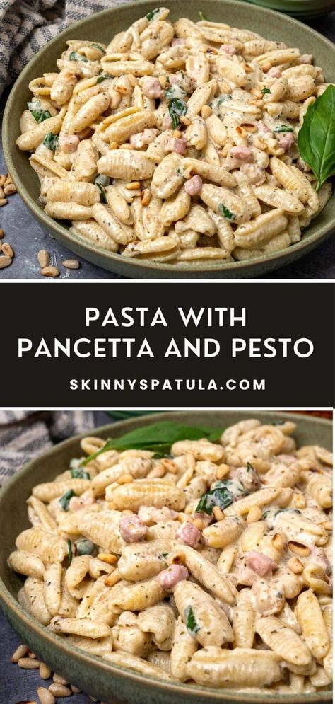 Gnocchetti Sardi with Pancetta and Pesto Pesto Pancetta Pasta, Creamy Pancetta Pasta, Panchetta Recipes Pasta, Pancetta Pasta Recipes, Panchetta Recipes, Creamy Pesto Pasta Recipe, Pasta With Pancetta, Delicious Discoveries, Gf Pasta