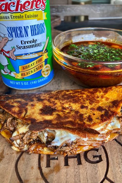 These tasty Brisket Birria Tacos sit aside a can of Tony Chachere's Spice N' Herbs Seasoning. Brisket Birria Tacos, Brisket Birria, Barbacoa Taco, Brisket Tacos Recipe, Beef Brisket Tacos, Adrenal Reset Diet, Cajun Meals, Adrenal Reset, Beef Birria Recipe