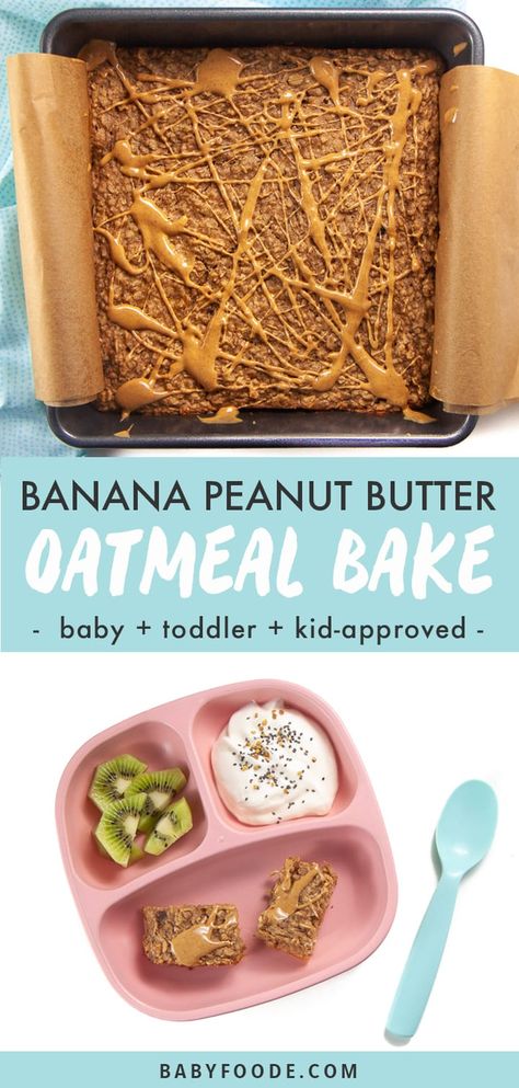 Banana Peanut Butter Oatmeal Bake: a fun, easy and wholesome breakfast or snack that kids of all ages will love! Plus this Oat Bake is made with pantry staples, in one-bowl and with a prep-time of less than 10-minutes! #toddler #kid #breakfast #pantry Peanut Butter Oatmeal Bake, Oat Bake, Wholesome Breakfast, Oatmeal Bake, Oatmeal Banana, Banana Peanut Butter, Toddler Breakfast, Peanut Butter Oats, Baby Led Weaning Recipes