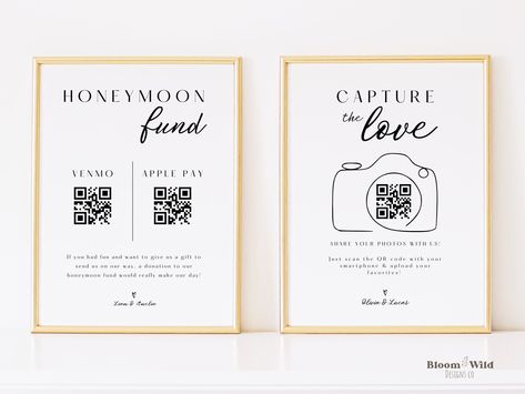 This Modern Minimalist Capture the Love and Honeymoon Fund Sign Mini Bundle is the perfect way to ask your guests to put their picture-taking skills to good use and donate to your honeymoon while celebrating with you on the big day!     After you place your order, you will receive an email from Etsy with a link to access your fully editable templates, where you can customize all your own details through Canva!  *Please note you will NOT receive any physical items in the mail. This listing is for a digital download.* --------------------------- YOU WILL RECEIVE --------------------------- * * * Sign Templates * * * * 2 Sizes of Each Template Included  - 5x7 in  - 8x10 in * Canva Editing Tips and Video Tutorial * PDF on how to create a free QR code in Canva ------------------------- MATCHING Qr Code For Wedding Money, Cashapp Wedding Sign, Honeymoon Fund Wedding Sign, Pov Camera Wedding Sign, Tinder Wedding Sign, Wedding Venmo Sign, Venmo Wedding Sign, Pov App Wedding Sign, Honeymoon Fund Qr Code