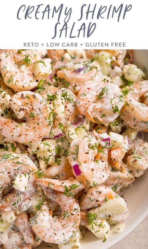 This creamy shrimp salad is packed with delicious, bright flavors. This recipe combines tender cooked shrimp with creamy mayonnaise, fresh dill and red onion, crunchy cucumber, and salty feta for a shrimp salad we just can't get enough of! #seafood #shrimp #easy #keto #glutenfree Creamy Shrimp Salad, Salad Keto, Flavorful Shrimp, Seafood Shrimp, Cooked Shrimp, Shrimp Salad Recipes, Creamy Shrimp, Yummy Salads, Recetas Keto