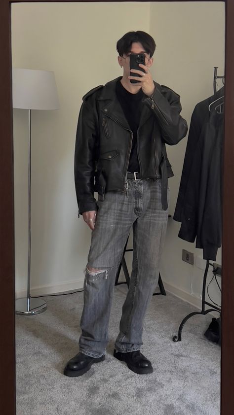 Biker Jacket Style Men, Leather Jacket And Boots Outfit Men, Biker Jacket Aesthetic Men, Classy Biker Outfit, Leather Jacket Biker Outfit, Leather Jacket Man Aesthetic, Men’s Biker Jacket Outfit, Bikers Jackets Outfit Men, Men Biker Jacket Outfit