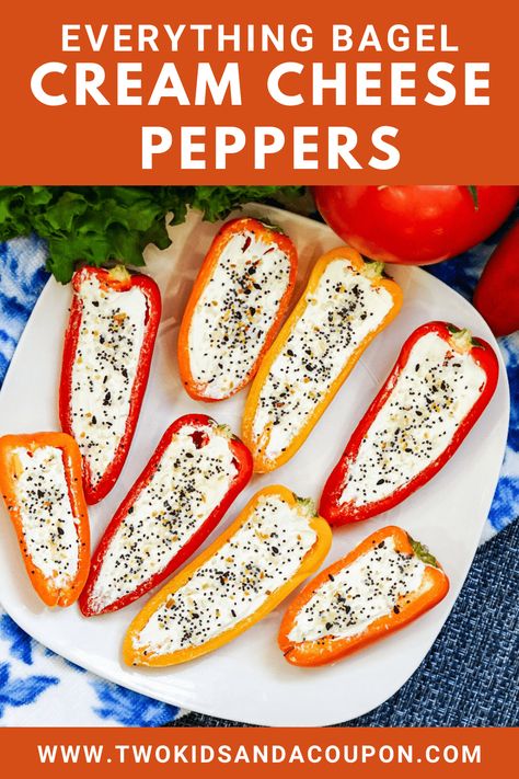 These easy everything bagel cream cheese peppers are the perfect appetizer for game day or any time. Here's how to make them! Cream Cheese Peppers, Everything Bagel Cream Cheese, Everything Bagel Dip, Seasoned Sour Cream, Bagel Dip, Everything Bagel Seasoning, Mini Sweet Peppers, Bagel Cream Cheese, Bagel Seasoning