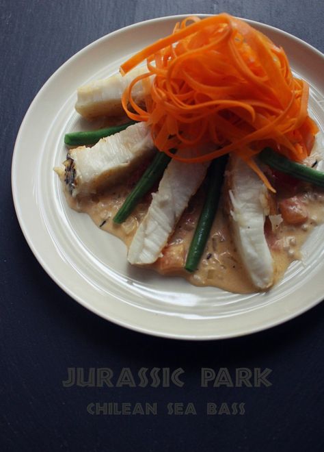 Jurassic Park: Chilean Sea Bass Chilean Sea Bass Recipe, Feast Of Starlight, Nerd Food, Sea Bass Recipe, Bass Recipe, Jello Recipe, Sea Bass Recipes, Green Jello, Geek Food