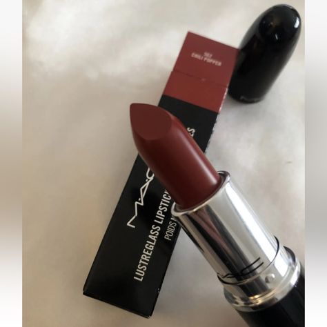 New In Box, Full-Size. Mac Lustreglass Lipstick Shade 562 Chili Popper 3g Nib. Described As A Warm Brick Red With A Sheer, Shiny, Lustrous Finish. Mac Embossed Down Back Of Lipstick Itself. Brick Lipstick, Mac Lustreglass Lipstick, Brick Red Lipstick, Mac Lipstick Set, Red Lipstick Shades, Eye Makeup Images, Frosted Lipstick, Winter Lips, Makeup Magazine