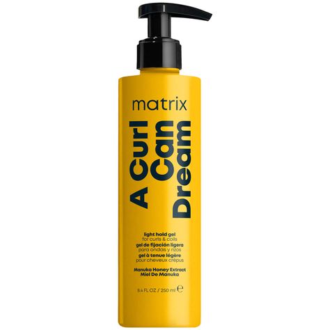 Ideal for all types of curls and coils, the Matrix A Curl Can Dream Light Hold Gel helps to define and revive curl patterns. The hydrating formula offers a light hold without flaking or crunching.  Manuka honey lends hair-conditioning benefits, plumping the lengths with moisture for bouncy definition. Co-created with coil and curl experts, the hair gel can be paired with the complete A Curl Can Dream professional haircare range for added hydration and nourishment. Curl Gel, Wella Color Fresh, Hydrating Shampoo, Gel Designs, Saloon Hair, Types Of Curls, Manuka Honey, Styling Gel, Hair Gel