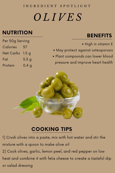 Olives are a great healthy snack and low carb ingredient. Save this graphic and check out the article to learn about the health benefits and cooking tips for olives! Olive Benefits Health, Olives Health Benefits, Olives Benefits, Benefits Of Olives, Spotlight Png, Training Food, Fruit Aesthetic, Food Benefits, Vegetable Benefits