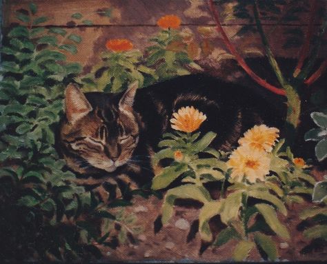 Brown Cat Painting, Brown Tabby Cat Art, Tabby Cat Painting, Tabby Cat Art, Garden Oil Painting, Brown Tabby Cat, Brown Tabby, Cat Art Illustration, Cat Flowers