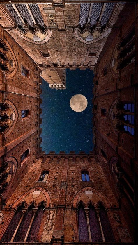 Worms Eye View, Siena Italy, Moon Photography, Moon And Stars, Brown Aesthetic, Night Aesthetic, Town Hall, Abandoned Places, Night Photography