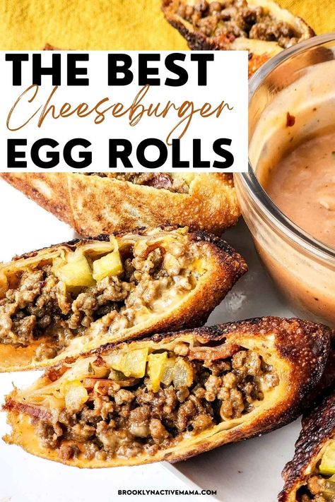 These cheeseburger egg rolls are so good and easy to make! They are great for a quick lunch or appetizer recipe! Egg Roll Filling Recipes, Egg Roll Wrapper Recipes, Cheeseburger Egg Rolls Recipe, Vietnam Recipes, French Fry Sauce, Cheeseburger Egg Rolls, Recipes Using Ground Turkey, Egg Roll Filling, Crispy Rolls