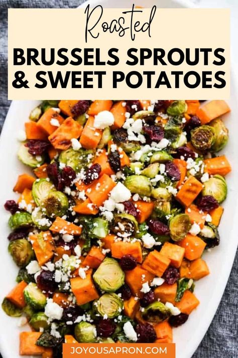 Brussel Sprouts And Sweet Potatoes, Brussel Sprouts Cranberries, Brussels Sprouts And Sweet Potatoes, Sprouting Sweet Potatoes, Sweet Potato Side Dish, Sweet Potato Sides, Oven Roasted Sweet Potatoes, Roasted Sprouts, Cook Healthy