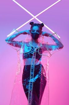 Cyberpunk Photoshoot, Neon Photography, Hipster Women, Look Festival, Cyberpunk Aesthetic, Cyberpunk Fashion, Face Protection, Raincoats For Women, Pose Reference Photo