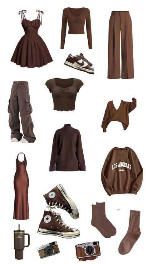 #aesthetic #brown #clothing #stanleycup #collage #fashion #camera #color #brownaesthetic Chocolate Brown Outfit Aesthetic, Monochromatic Outfit Aesthetic Brown, Zoe + Core + Aesthetic, Brown Aesthetic Fashion, Earthtone Outfits, Monochromatic Outfit Aesthetic, Brown Aesthetic Outfit, Brown Outfit Aesthetic, Clothes Collage