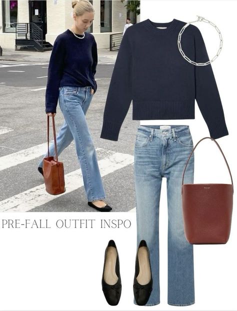 Blue Jeans Ideas Outfit, Blue Cashmere Sweater Outfits, Office Bag Outfit, Pre Fall Aesthetic, Navy Jumper Outfit Women, Outfits With Blue Sweaters, Cobalt Sweater Outfit, Gray V Neck Sweater Outfit, Navy Blue Jumper Outfit