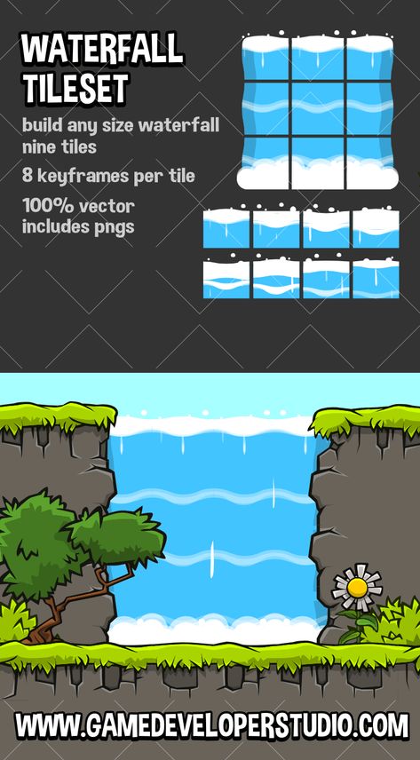 Waterfall tileset 2d game tiles 2d Platformer Tileset, 2d Tileset, Monster Shadow, Pixel Sorting, 2d Platformer, Game Level Design, Tiles Game, Indie Game Art, Game Textures