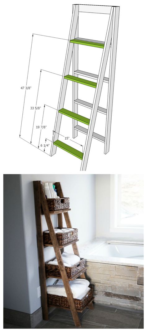 Diy Wooden Ladder, Diy Ladder Shelf, Wood Ladder Shelf, Shelf Plans, Ladder Shelf Diy, Wooden Ladder Shelf, Casa Clean, Shelf Diy, Diy Ladder